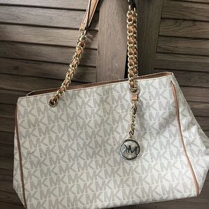 Michael Kors White and Tan Shoulder Bag with Signature Monogram